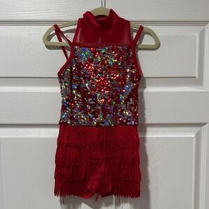 Sparkling Red Sequin Fringe Kids Large Dance Costume